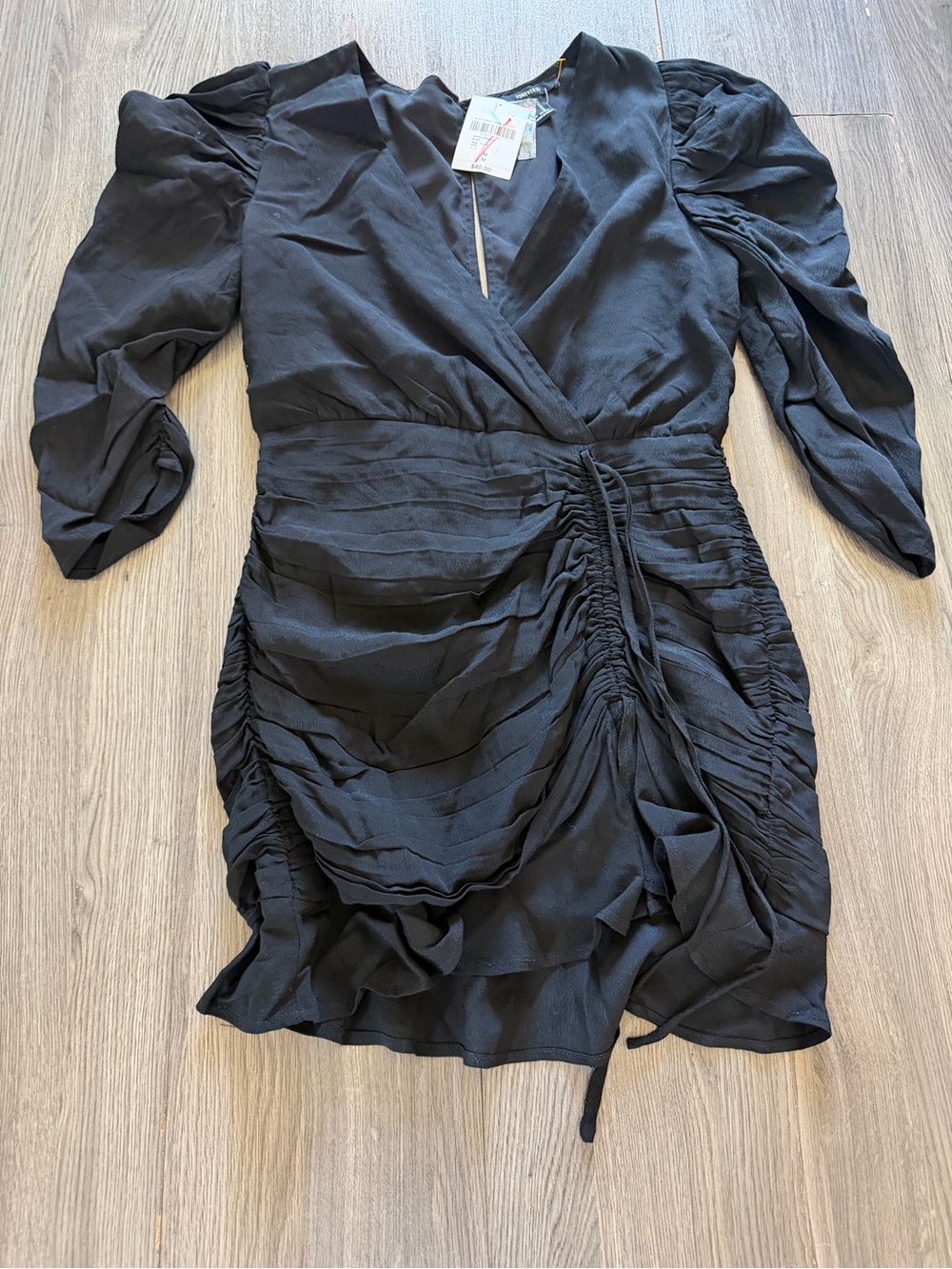 Forever 21 Black Ruched Wrap Mini Dress with Puff Sleeves - Picture 3 of 11